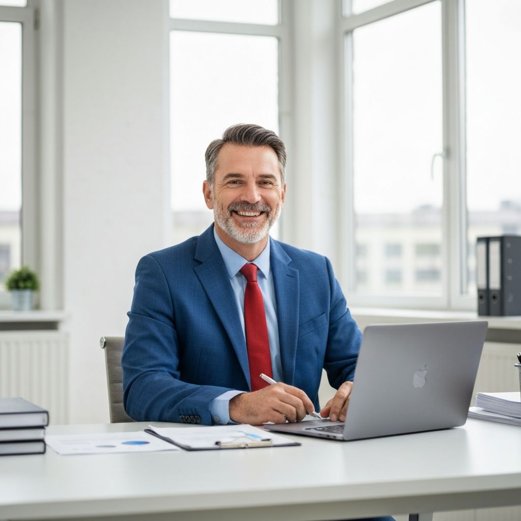 Servidor público feliz revisando su préstamo aprobado